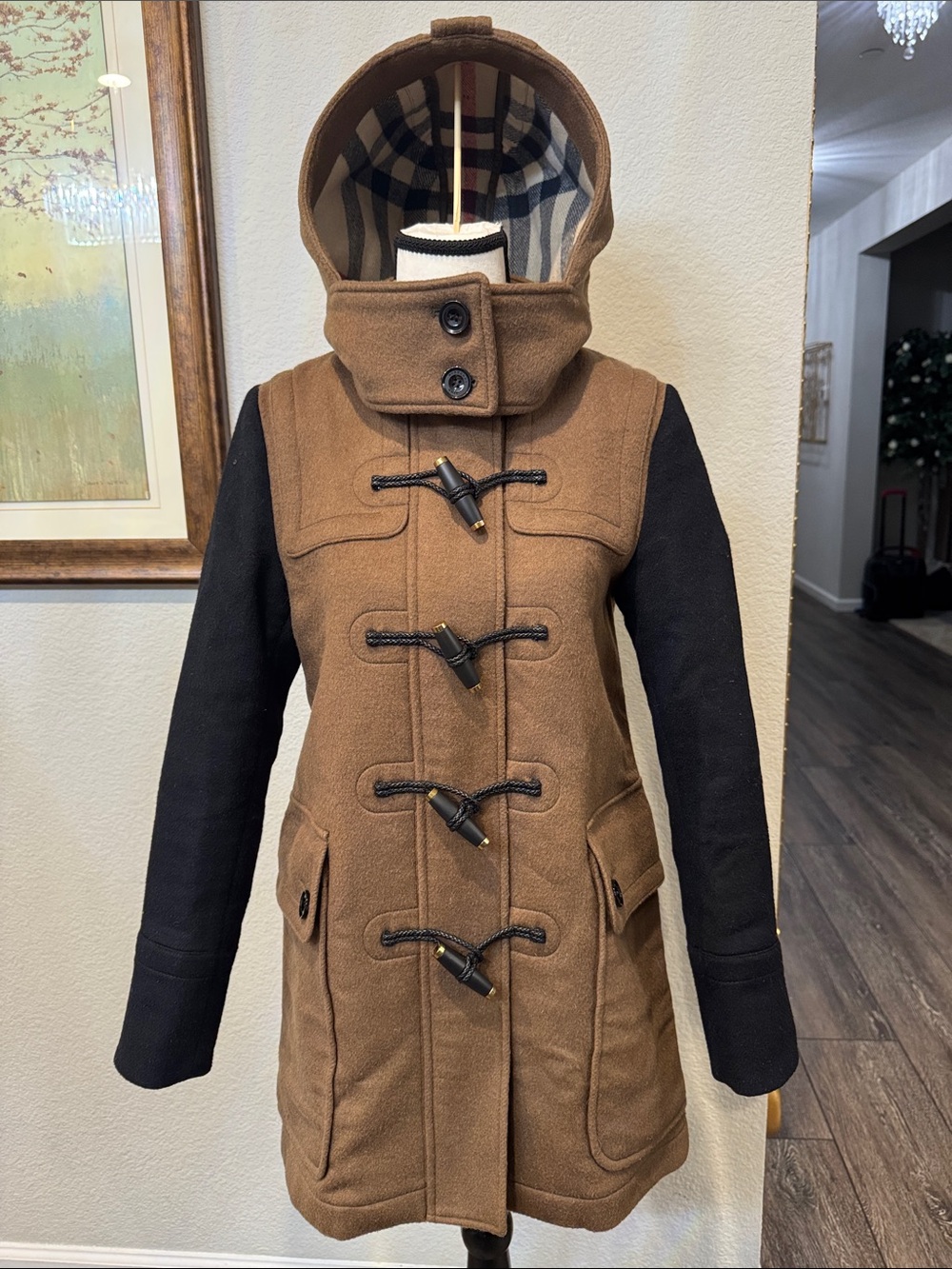 Authentic Burberry Brown Toggle Pea Coat with Black Sleeves